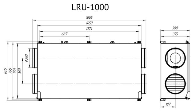 Габаритные размеры LRU-1000-PNEN-FP, мм — Приточно-вытяжная установка Supervent LRU-1000-PNEN-FP
